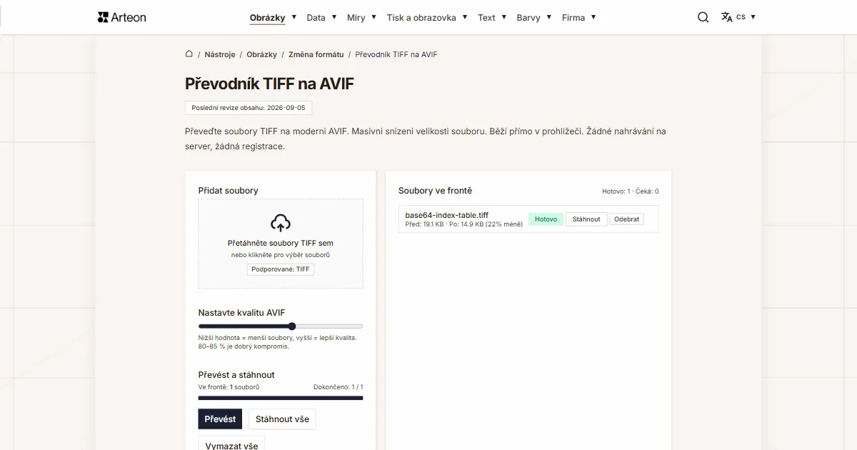 Snímek obrazovky bezplatného nástroje Arteon: Převodník TIFF na AVIF