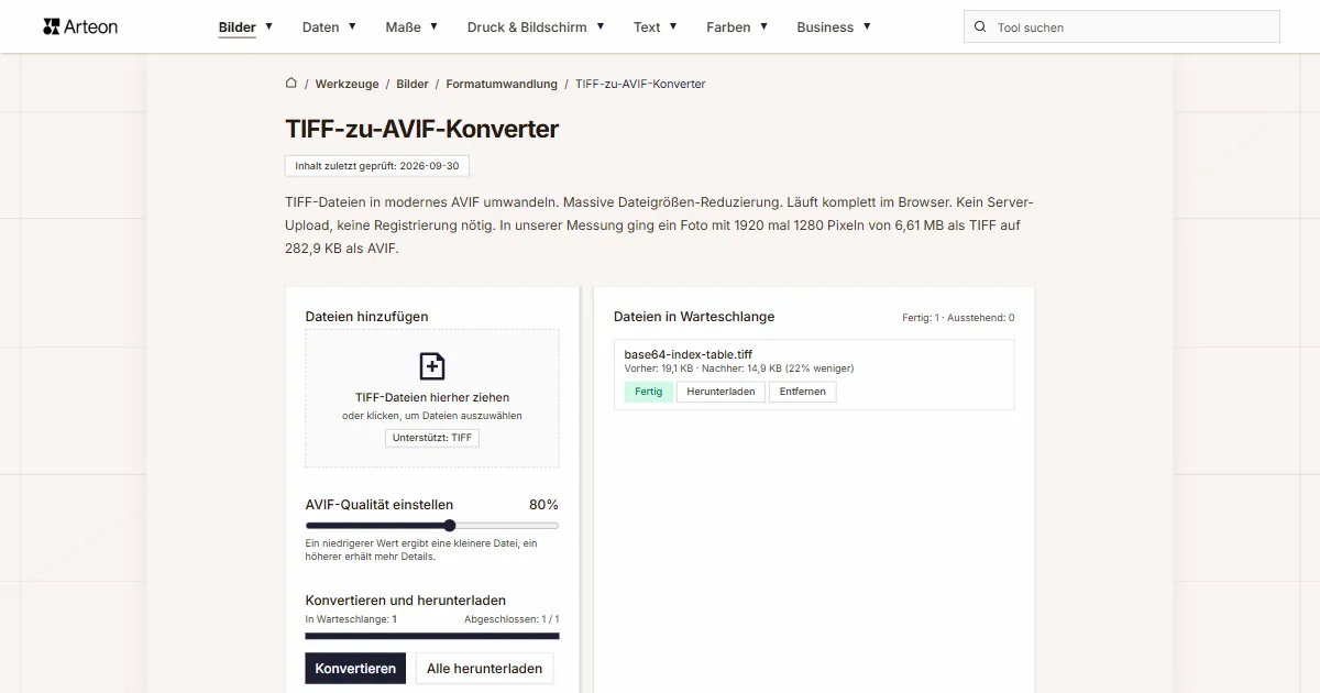 Screenshot des kostenlosen Arteon-Werkzeugs: TIFF-zu-AVIF-Konverter