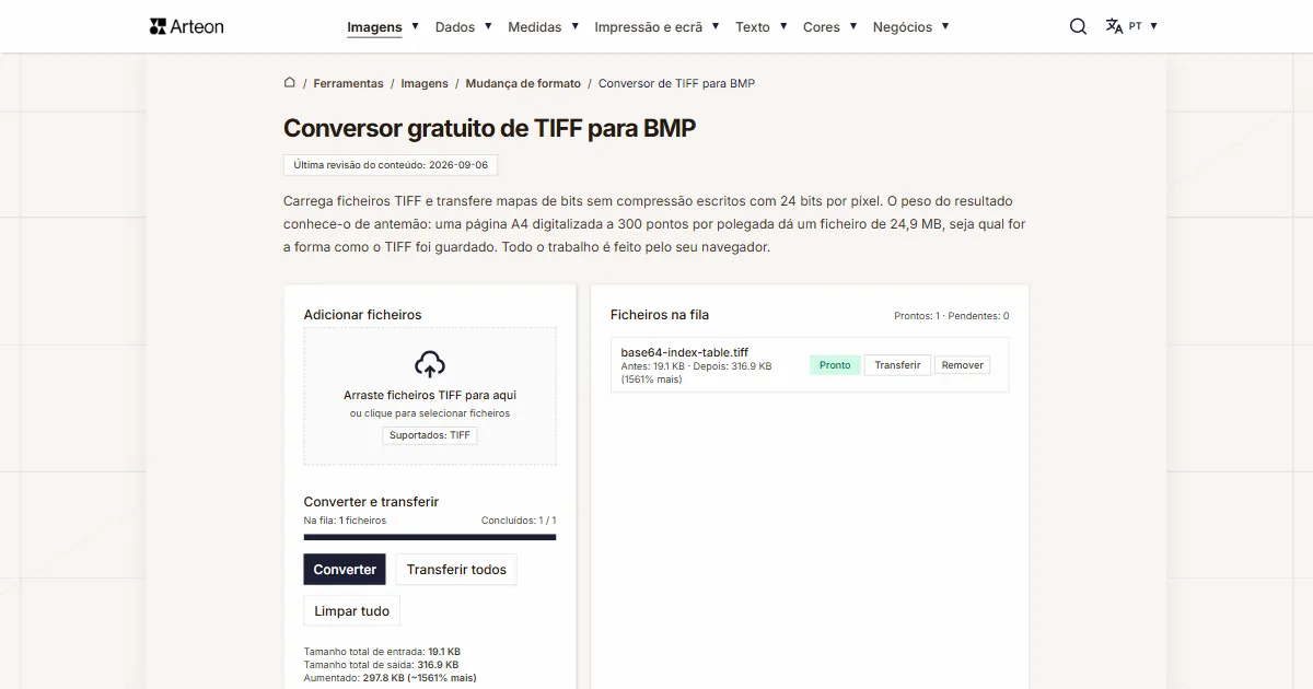 Captura de ecrã da ferramenta gratuita da Arteon: Conversor gratuito de TIFF para BMP