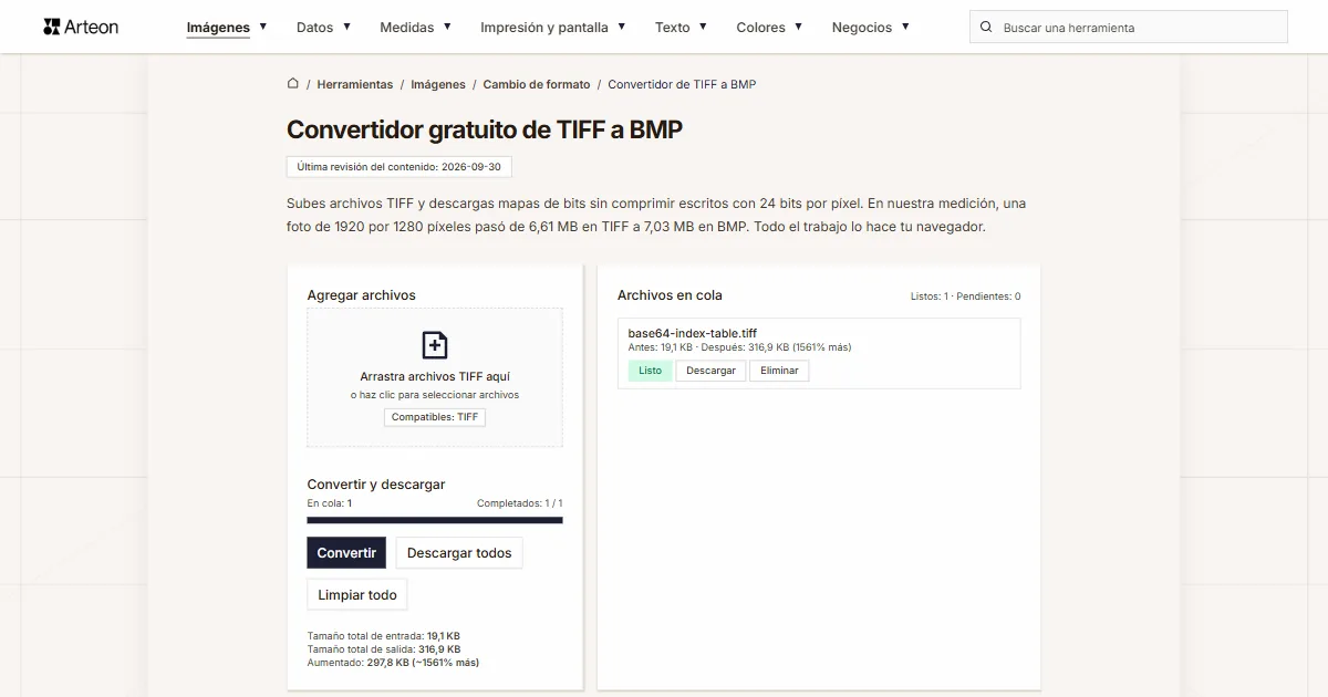 Captura de pantalla de la herramienta gratuita de Arteon: Convertidor gratuito de TIFF a BMP