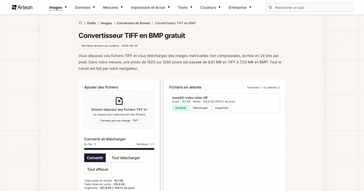 Capture d'écran de l'outil gratuit d'Arteon: Convertisseur TIFF en BMP gratuit
