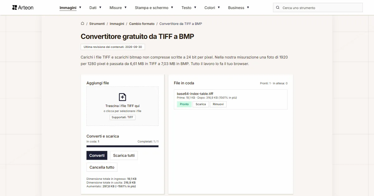 Screenshot dello strumento gratuito Arteon: Convertitore gratuito da TIFF a BMP