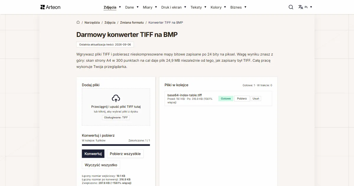 Zrzut ekranu darmowego narzędzia Arteon: Darmowy konwerter TIFF na BMP