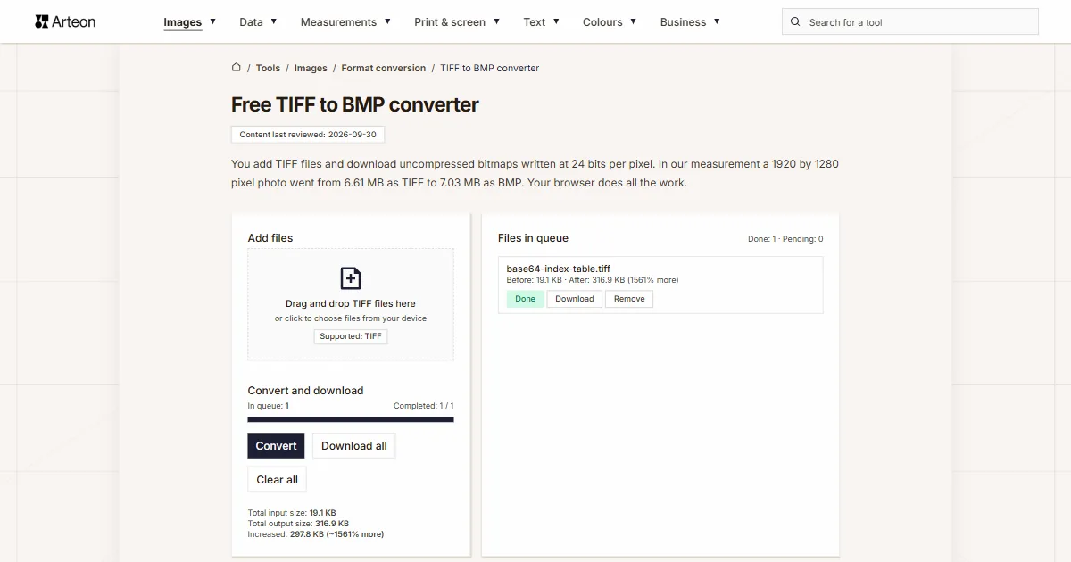 Arteon free tool screenshot: Free TIFF to BMP converter