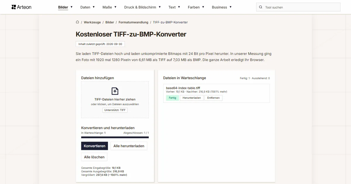 Screenshot des kostenlosen Arteon-Werkzeugs: Kostenloser TIFF-zu-BMP-Konverter
