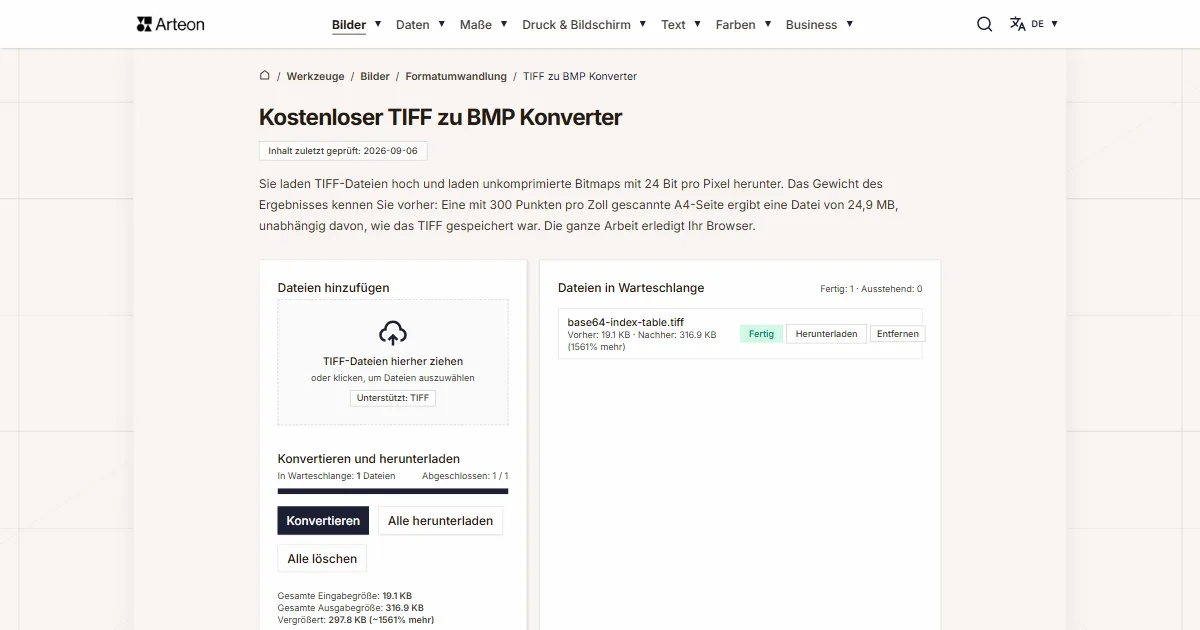 Screenshot des kostenlosen Arteon-Werkzeugs: Kostenloser TIFF zu BMP Konverter