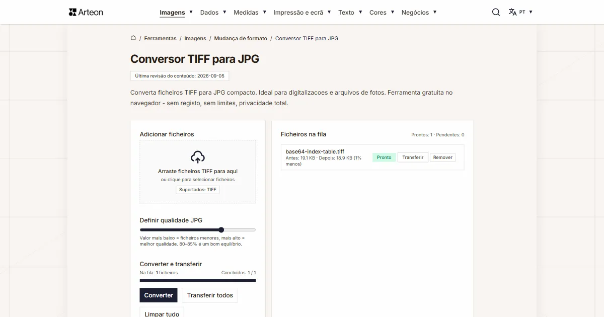 Captura de ecrã da ferramenta gratuita da Arteon: Conversor TIFF para JPG