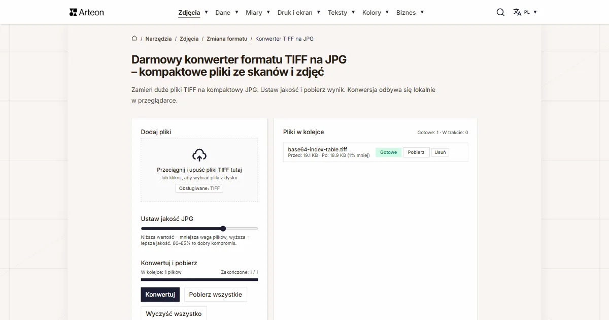 Zrzut ekranu darmowego narzędzia Arteon: Darmowy konwerter formatu TIFF na JPG – kompaktowe pliki ze skanów i zdjęć