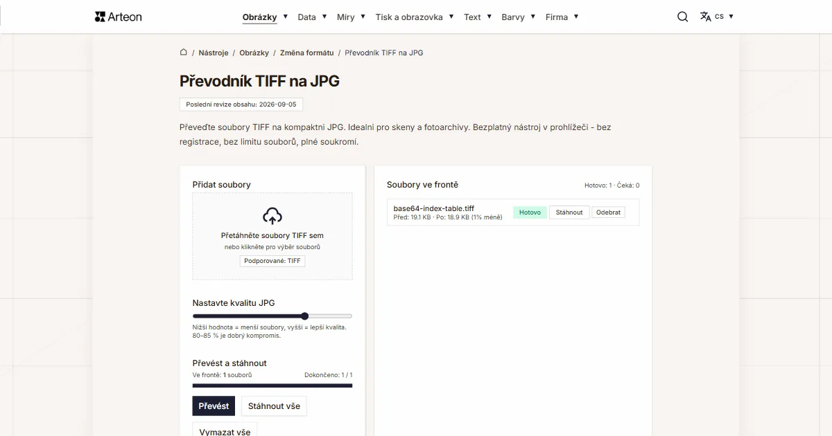 Snímek obrazovky bezplatného nástroje Arteon: Převodník TIFF na JPG