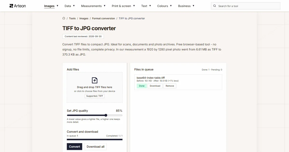 Arteon free tool screenshot: TIFF to JPG converter