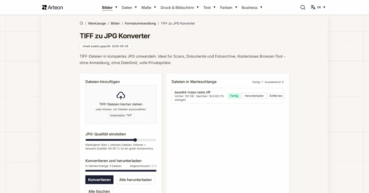 Screenshot des kostenlosen Arteon-Werkzeugs: TIFF zu JPG Konverter