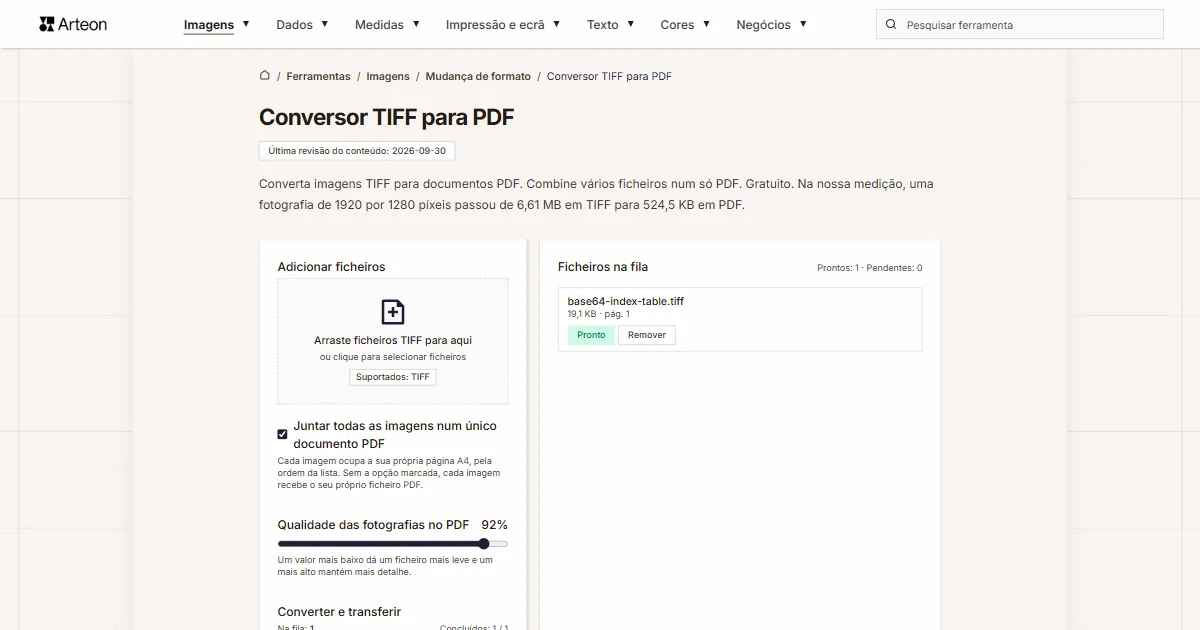 Captura de ecrã da ferramenta gratuita da Arteon: Conversor TIFF para PDF