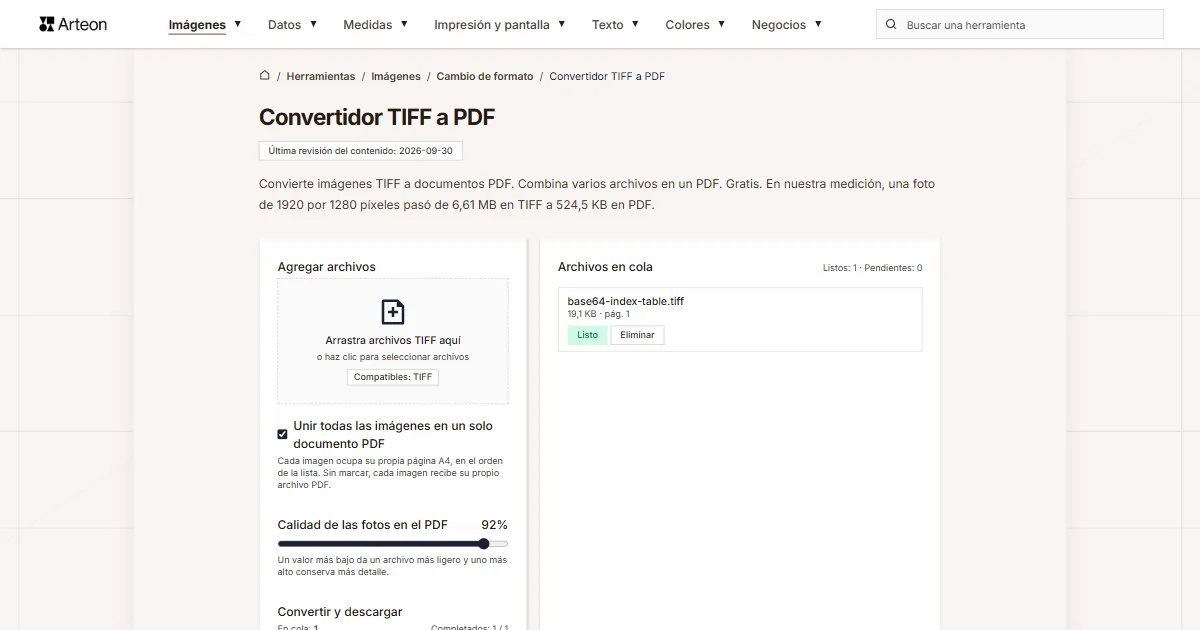 Captura de pantalla de la herramienta gratuita de Arteon: Convertidor TIFF a PDF