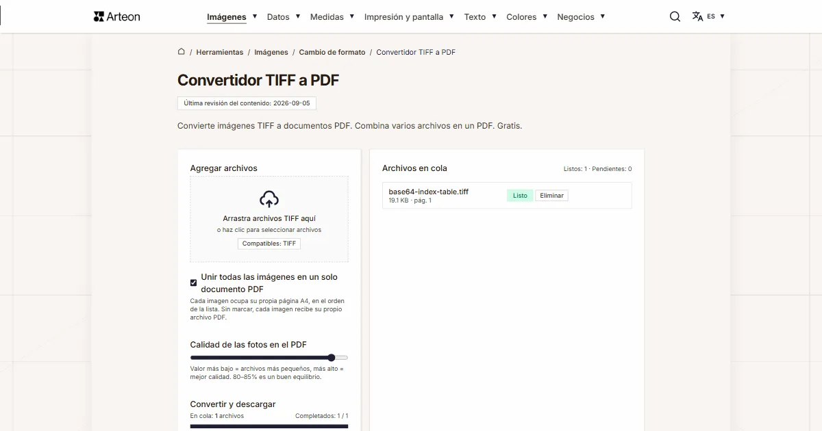 Captura de pantalla de la herramienta gratuita de Arteon: Convertidor TIFF a PDF