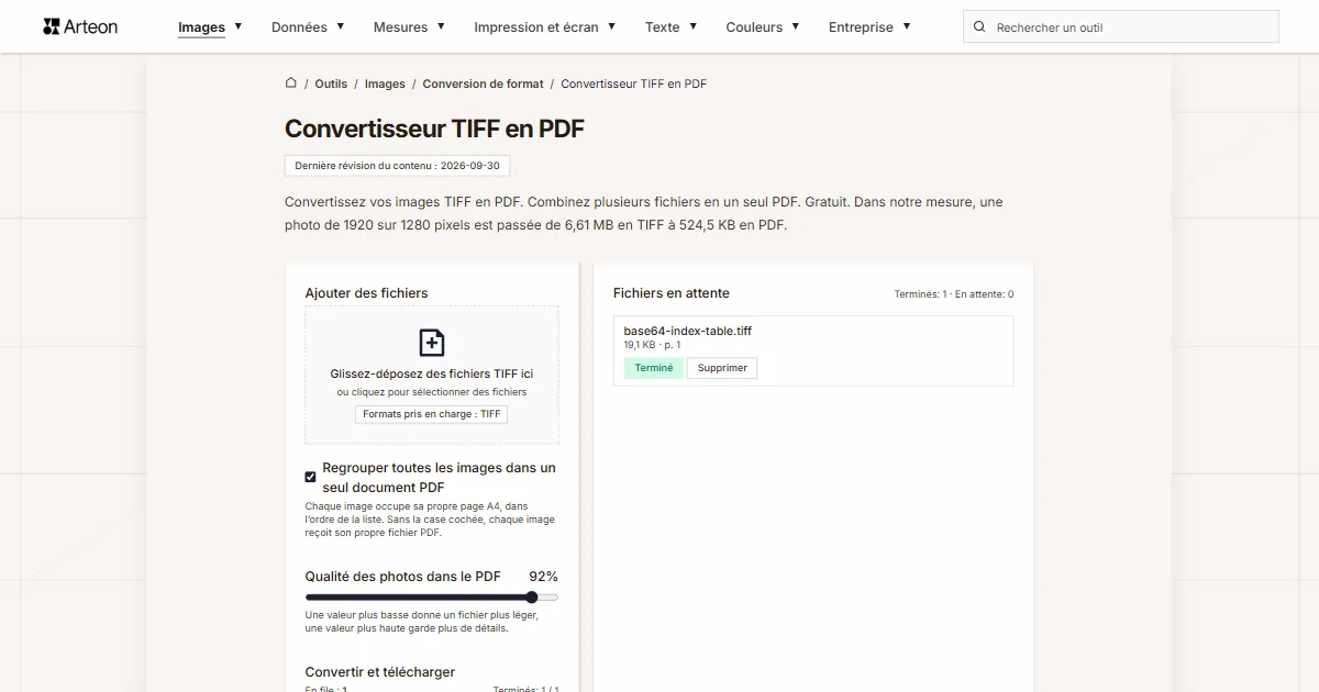 Capture d'écran de l'outil gratuit d'Arteon: Convertisseur TIFF en PDF