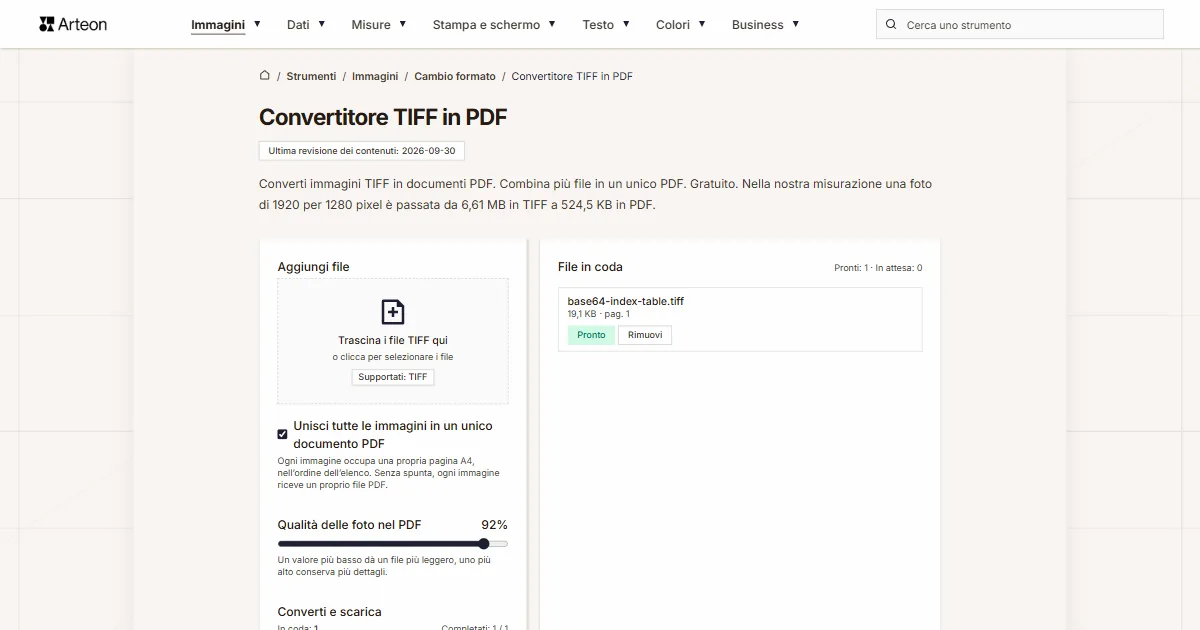 Screenshot dello strumento gratuito Arteon: Convertitore TIFF in PDF