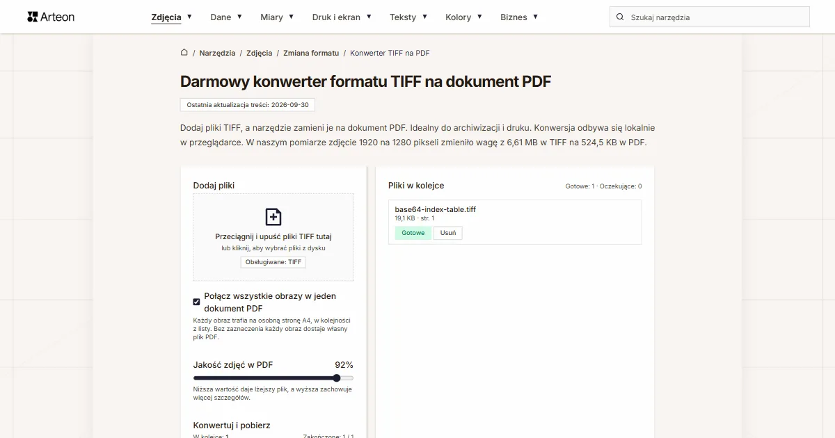 Zrzut ekranu darmowego narzędzia Arteon: Darmowy konwerter formatu TIFF na dokument PDF