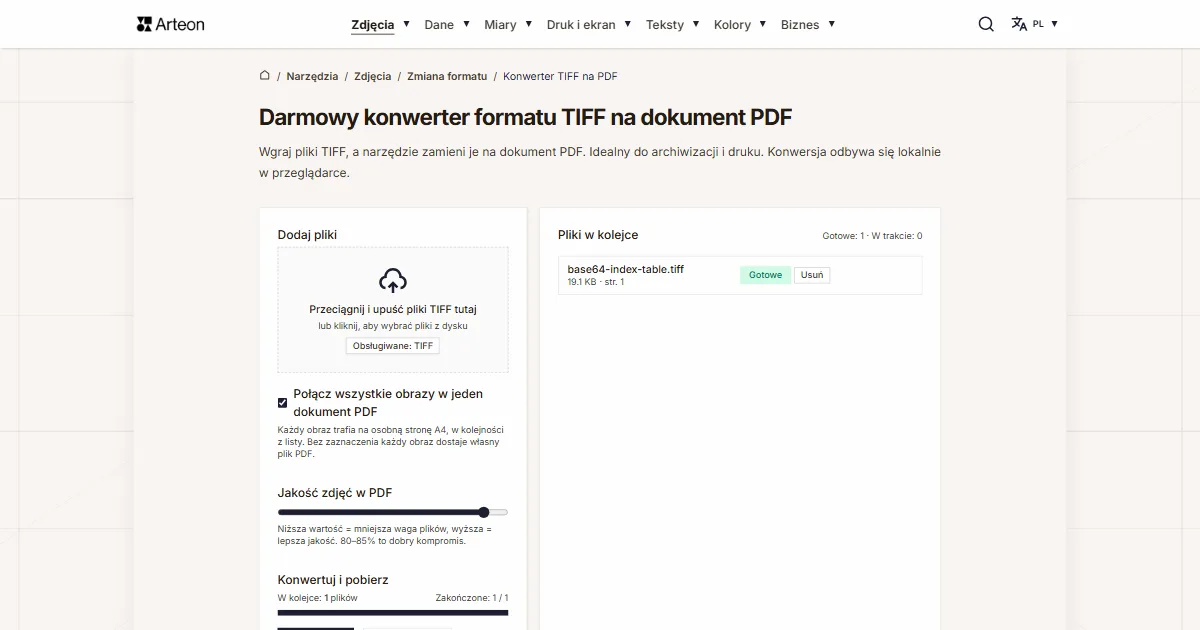 Zrzut ekranu darmowego narzędzia Arteon: Darmowy konwerter formatu TIFF na dokument PDF