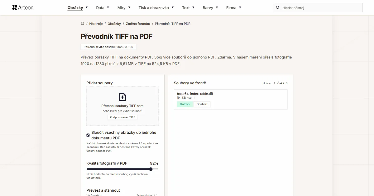 Snímek obrazovky bezplatného nástroje Arteon: Převodník TIFF na PDF