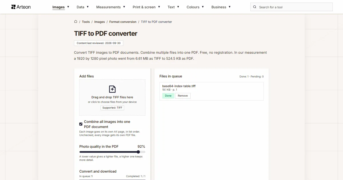 Arteon free tool screenshot: TIFF to PDF converter