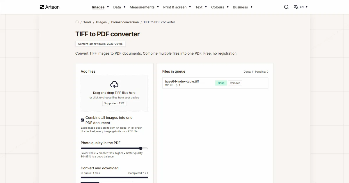 Arteon free tool screenshot: TIFF to PDF converter