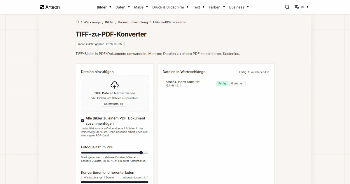 Screenshot des kostenlosen Arteon-Werkzeugs: TIFF-zu-PDF-Konverter