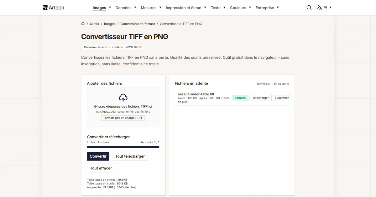 Capture d'écran de l'outil gratuit d'Arteon: Convertisseur TIFF en PNG