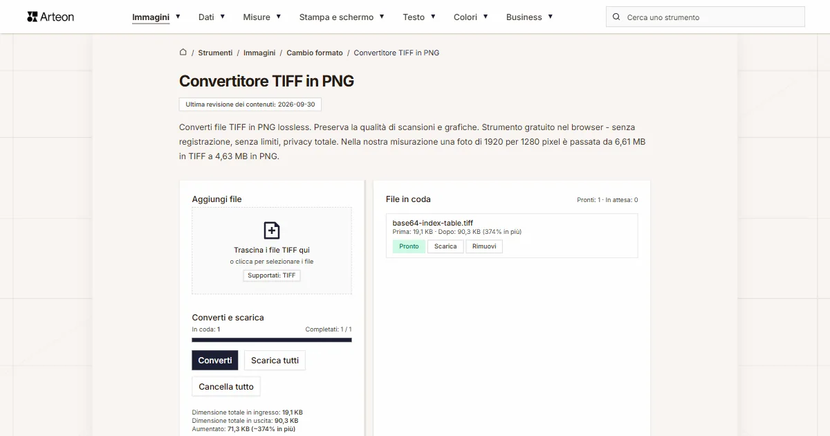 Screenshot dello strumento gratuito Arteon: Convertitore TIFF in PNG