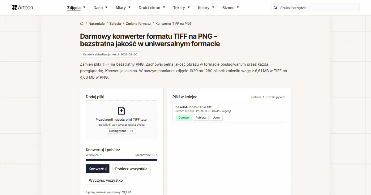 Zrzut ekranu darmowego narzędzia Arteon: Darmowy konwerter formatu TIFF na PNG – bezstratna jakość w uniwersalnym formacie