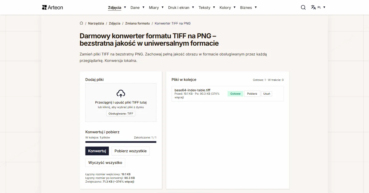 Zrzut ekranu darmowego narzędzia Arteon: Darmowy konwerter formatu TIFF na PNG – bezstratna jakość w uniwersalnym formacie