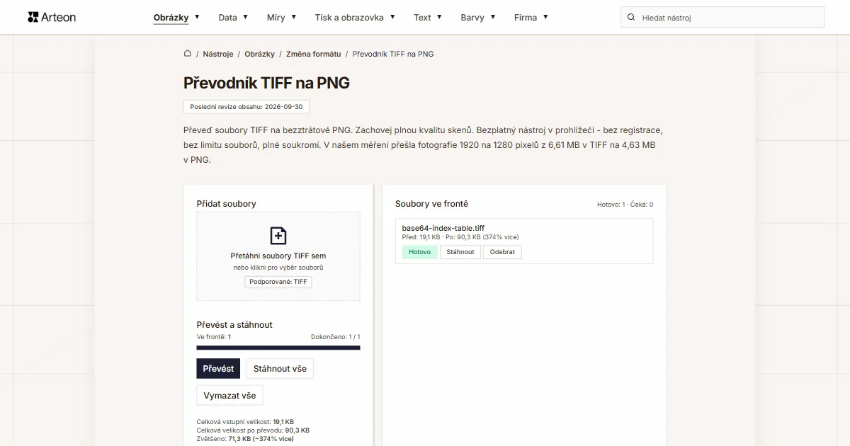 Snímek obrazovky bezplatného nástroje Arteon: Převodník TIFF na PNG