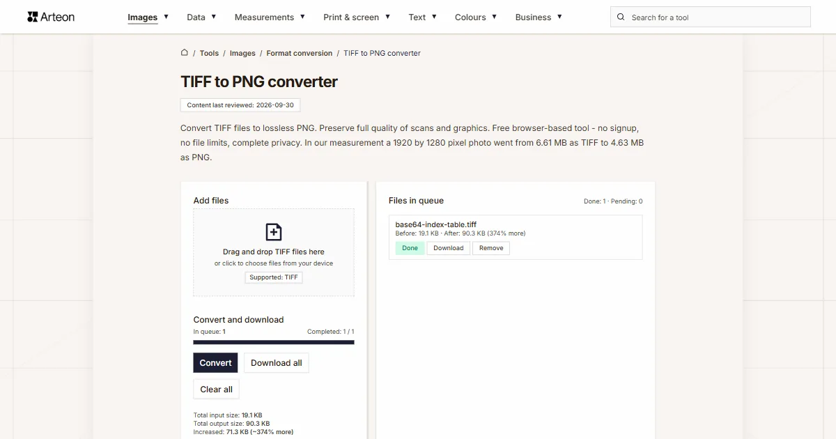 Arteon free tool screenshot: TIFF to PNG converter