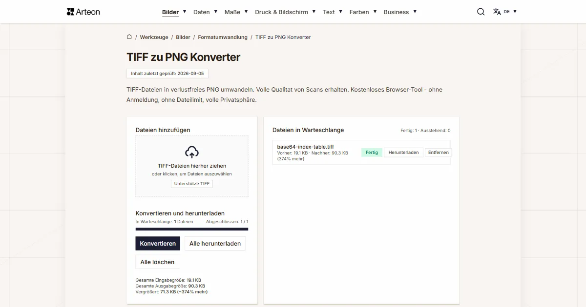 Screenshot des kostenlosen Arteon-Werkzeugs: TIFF zu PNG Konverter