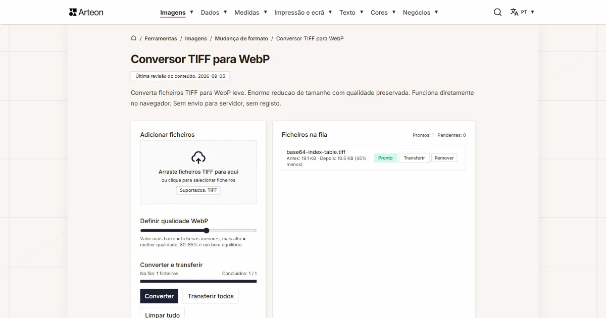 Captura de ecrã da ferramenta gratuita da Arteon: Conversor TIFF para WebP