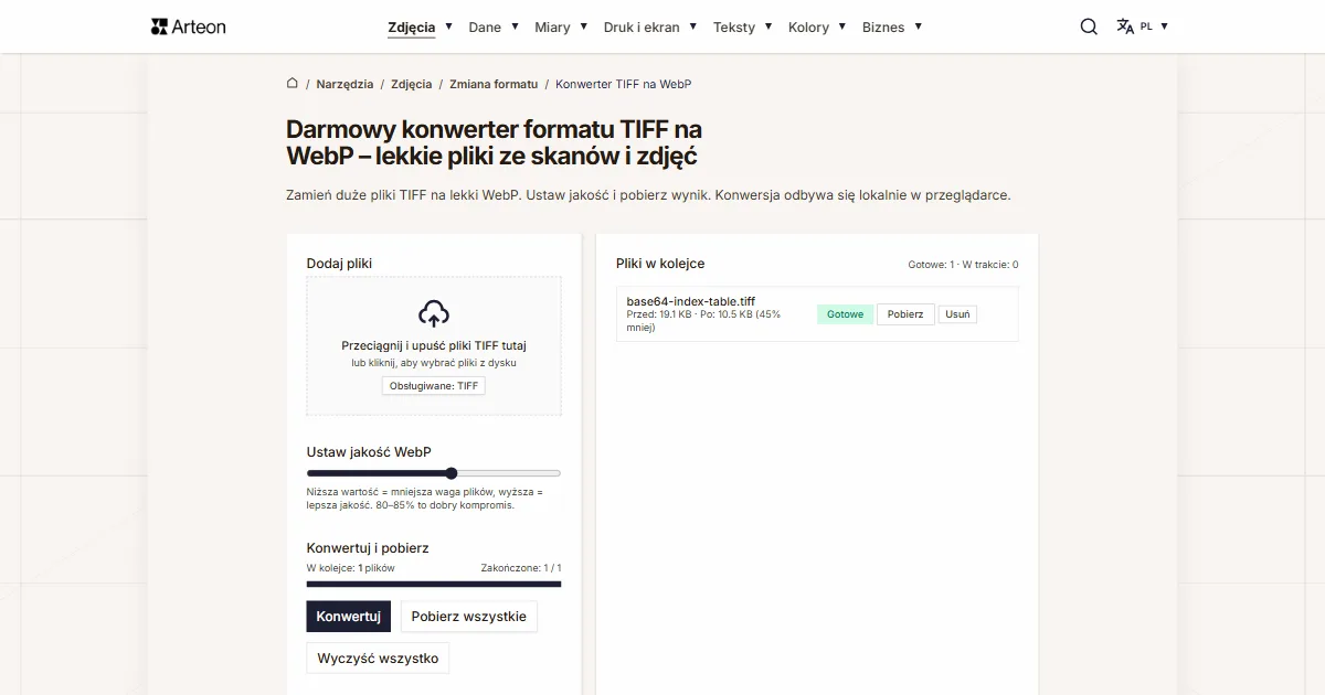 Zrzut ekranu darmowego narzędzia Arteon: Darmowy konwerter formatu TIFF na WebP – lekkie pliki ze skanów i zdjęć