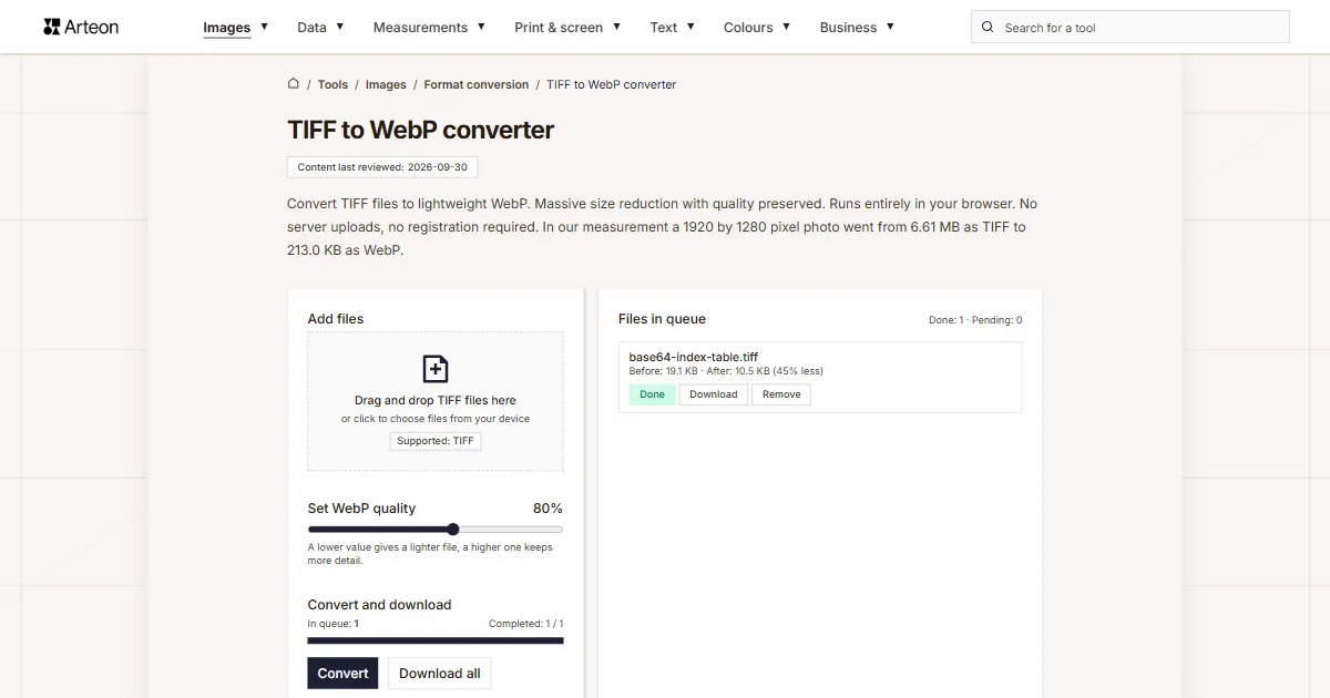 Arteon free tool screenshot: TIFF to WebP converter