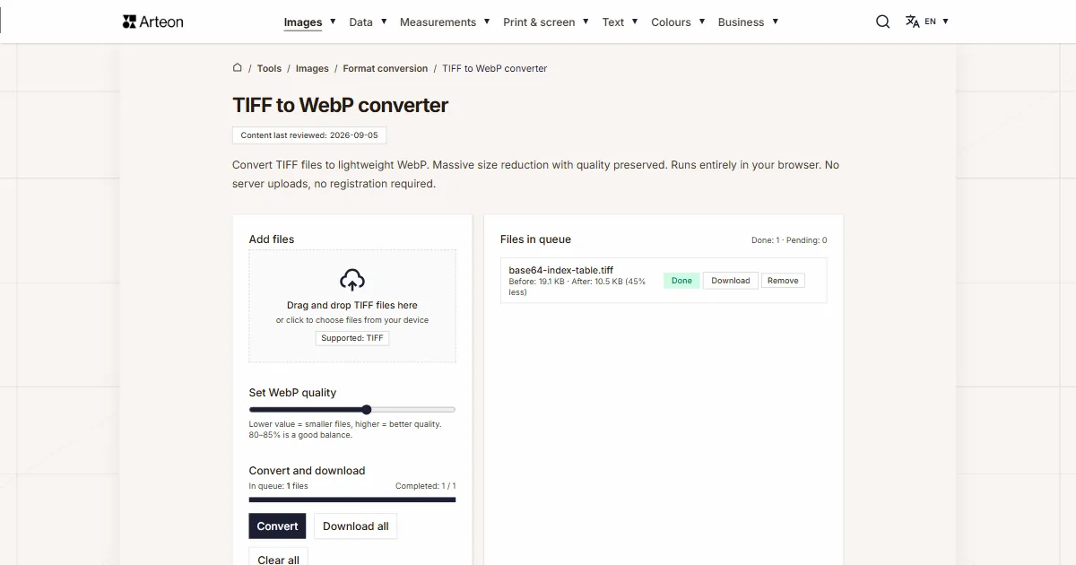 Arteon free tool screenshot: TIFF to WebP converter