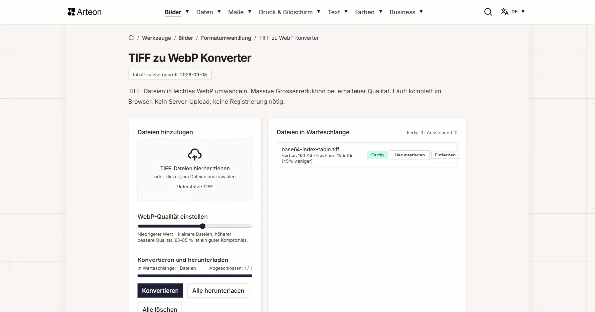 Screenshot des kostenlosen Arteon-Werkzeugs: TIFF zu WebP Konverter