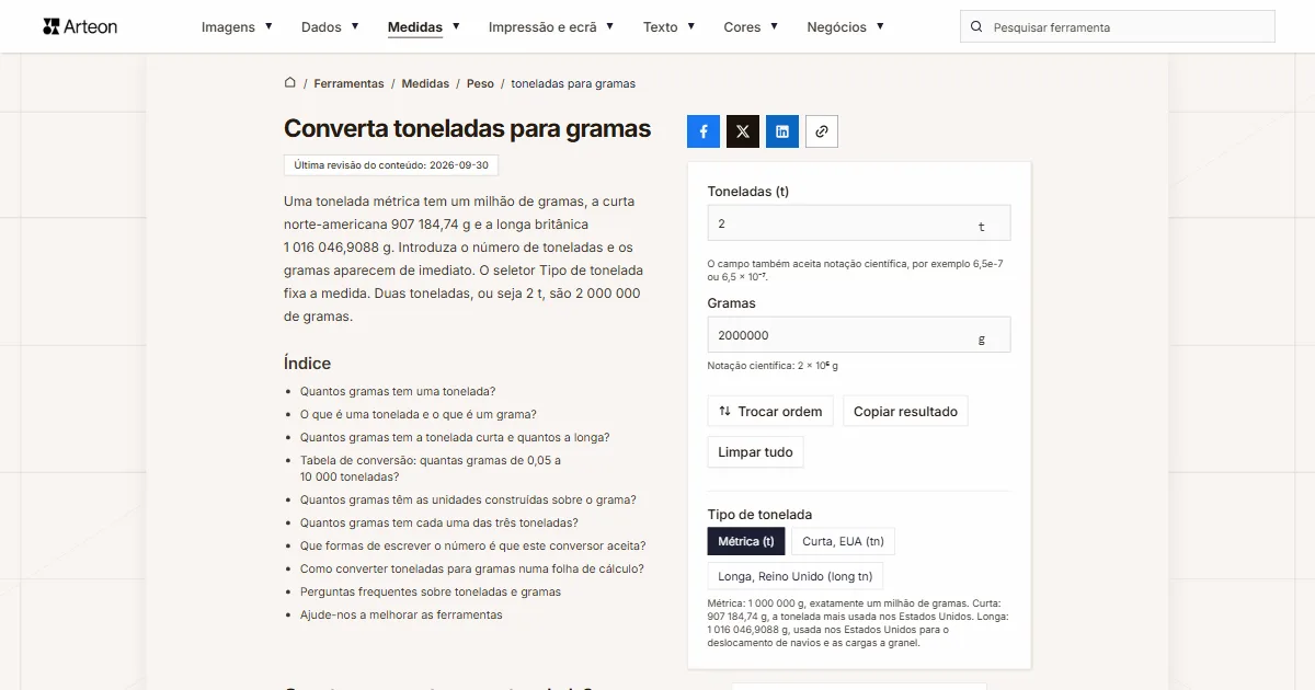 Captura de ecrã da ferramenta gratuita da Arteon: Converta toneladas para gramas