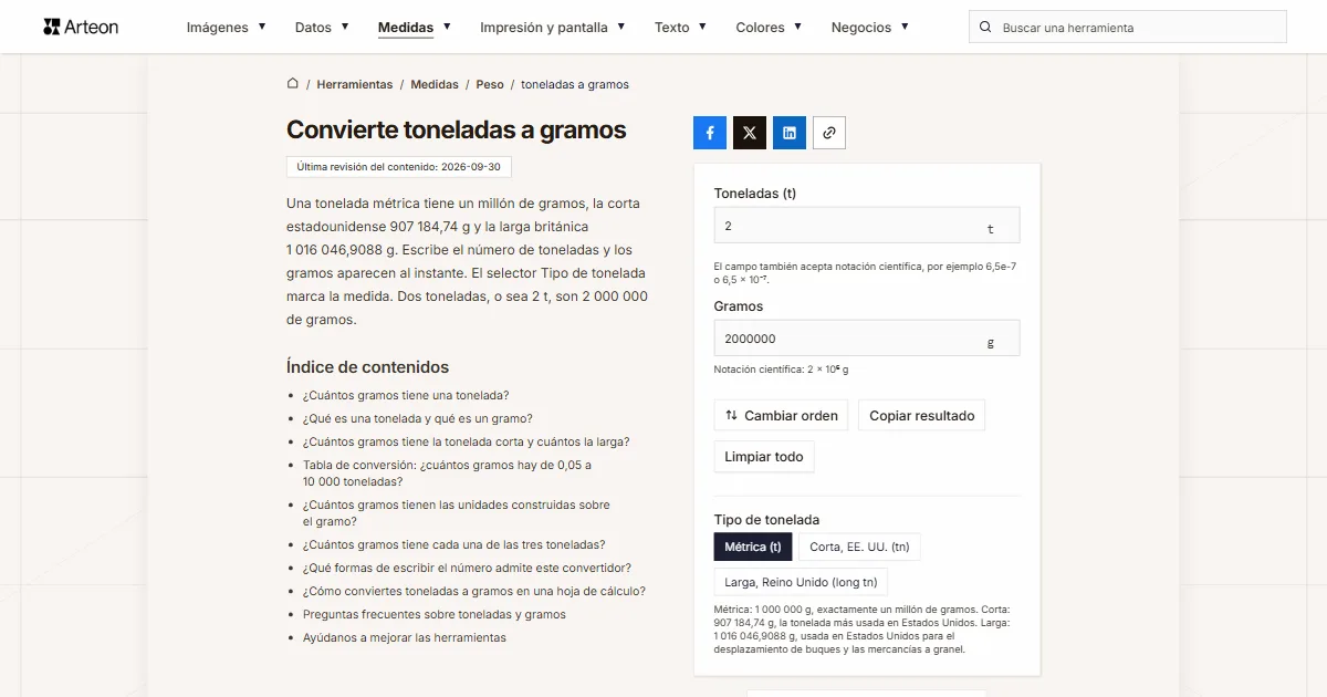 Captura de pantalla de la herramienta gratuita de Arteon: Convierte toneladas a gramos