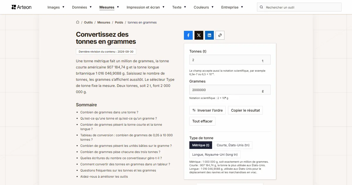 Capture d'écran de l'outil gratuit d'Arteon: Convertissez des tonnes en grammes