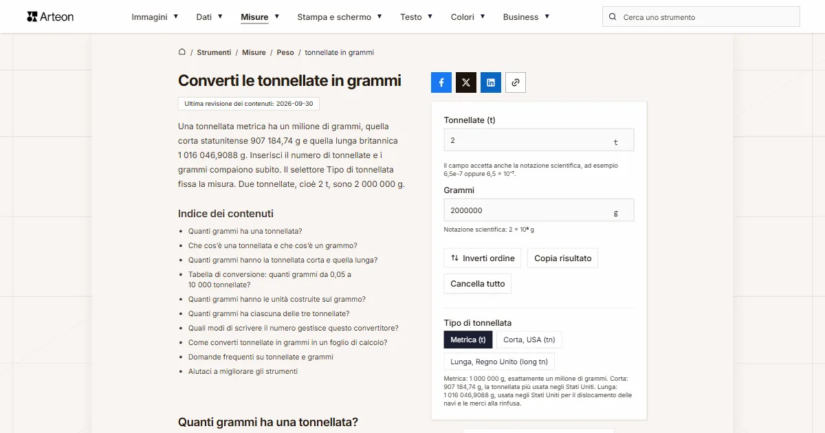 Screenshot dello strumento gratuito Arteon: Converti le tonnellate in grammi