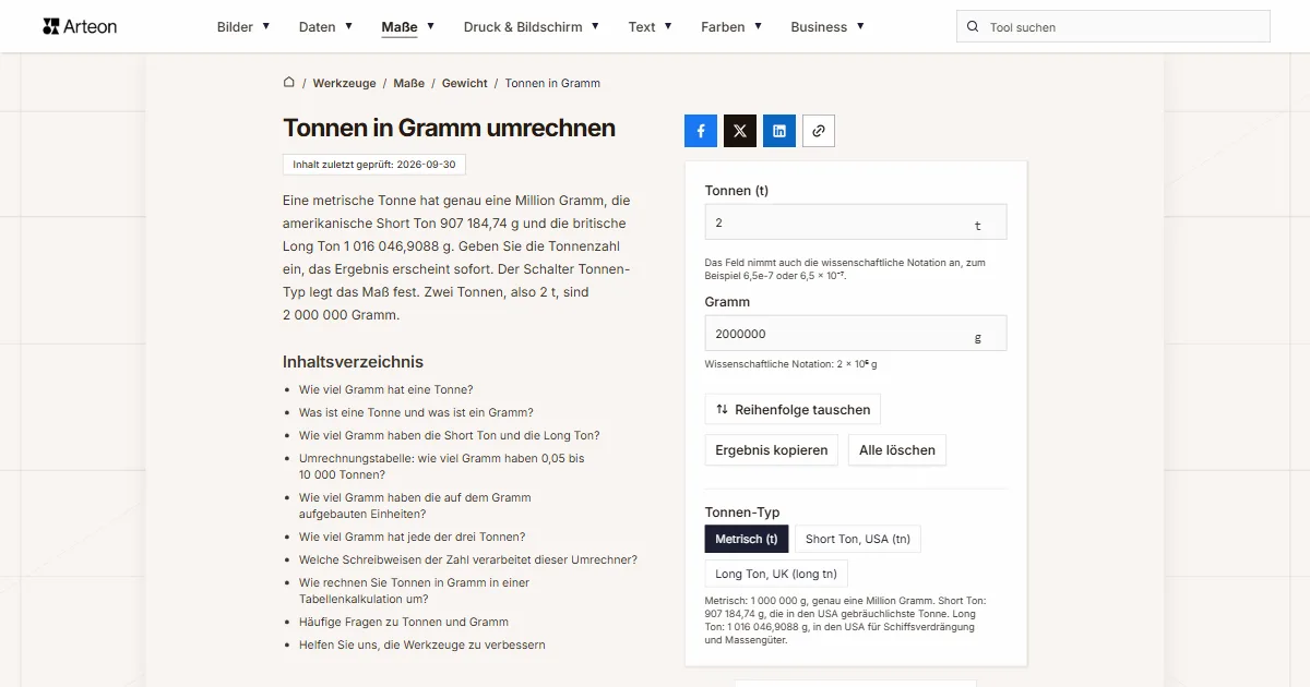 Screenshot des kostenlosen Arteon-Werkzeugs: Tonnen in Gramm umrechnen
