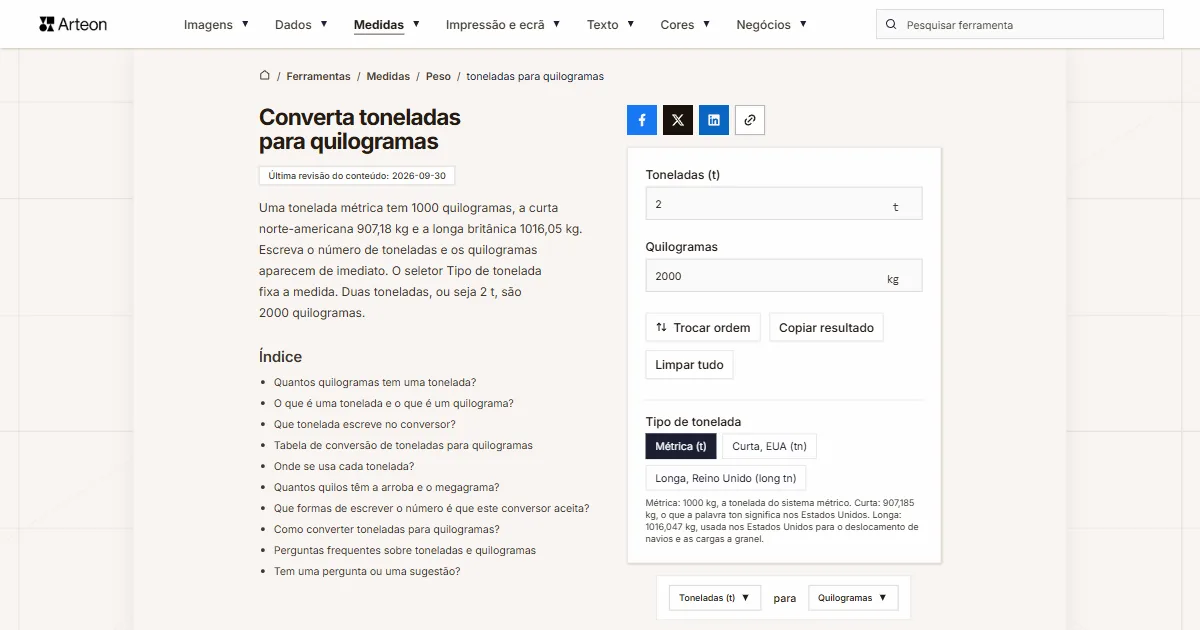 Captura de ecrã da ferramenta gratuita da Arteon: Converta toneladas para quilogramas