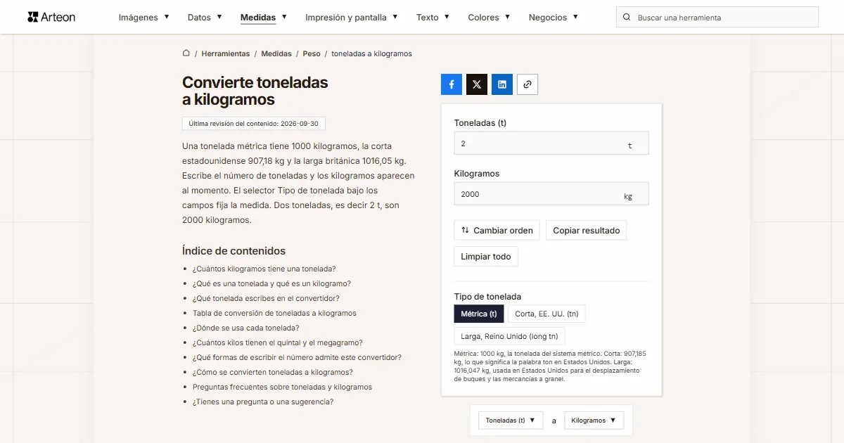 Captura de pantalla de la herramienta gratuita de Arteon: Convierte toneladas a kilogramos