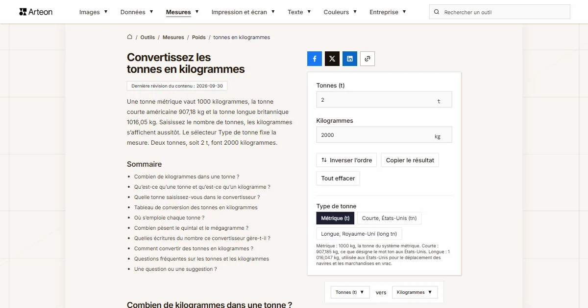 Capture d'écran de l'outil gratuit d'Arteon: Convertissez les tonnes en kilogrammes