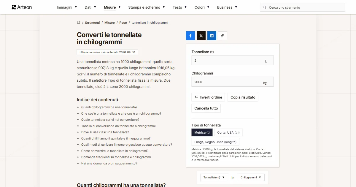 Screenshot dello strumento gratuito Arteon: Converti le tonnellate in chilogrammi