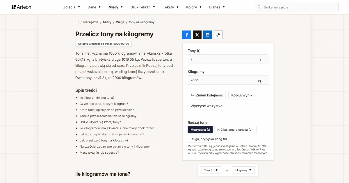 Zrzut ekranu darmowego narzędzia Arteon: Przelicz tony na kilogramy