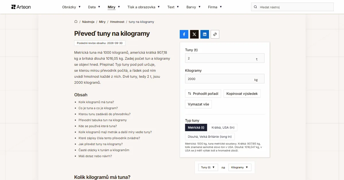 Snímek obrazovky bezplatného nástroje Arteon: Převeď tuny na kilogramy
