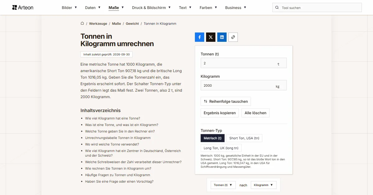 Screenshot des kostenlosen Arteon-Werkzeugs: Tonnen in Kilogramm umrechnen